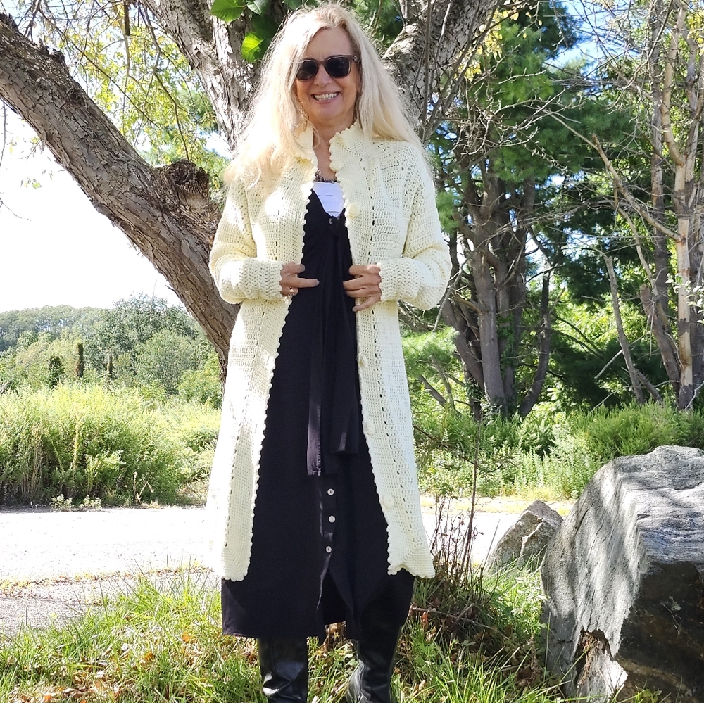 Hand Crafted New Crochet Long Button Front Wool Cardigan Sweater, Small, $85